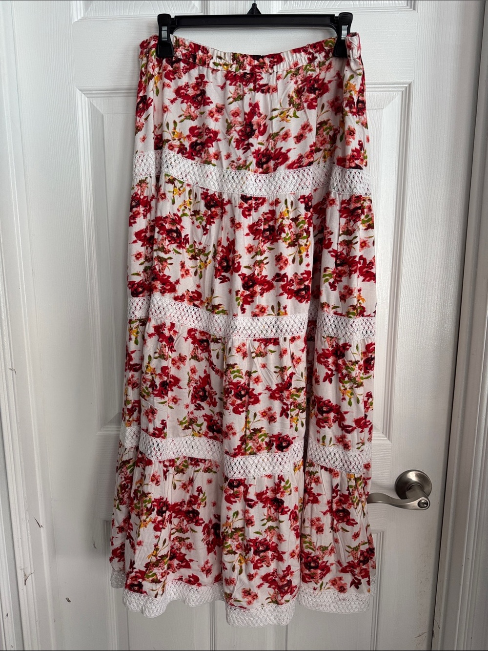 Magic White Maxi Skirt with Red Floral Print